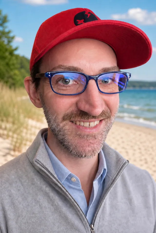 Justin on a Lake Huron beach, in a red cap and glasses, smiling